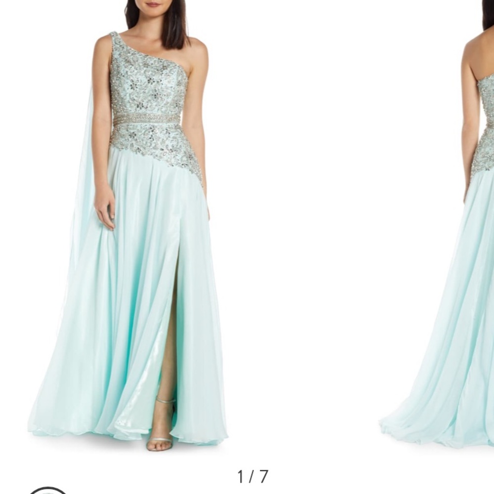 MAX DUGGAL One-Shoulder Sequin Prom Dress w cape